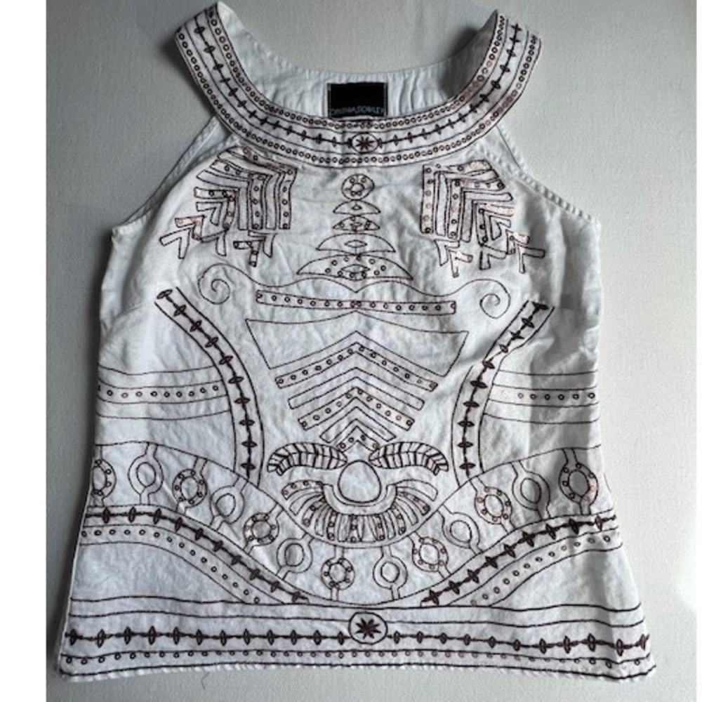 Cynthia Rowley Sleeveless Top Womens Small White Brown Embroidered Linen Blend